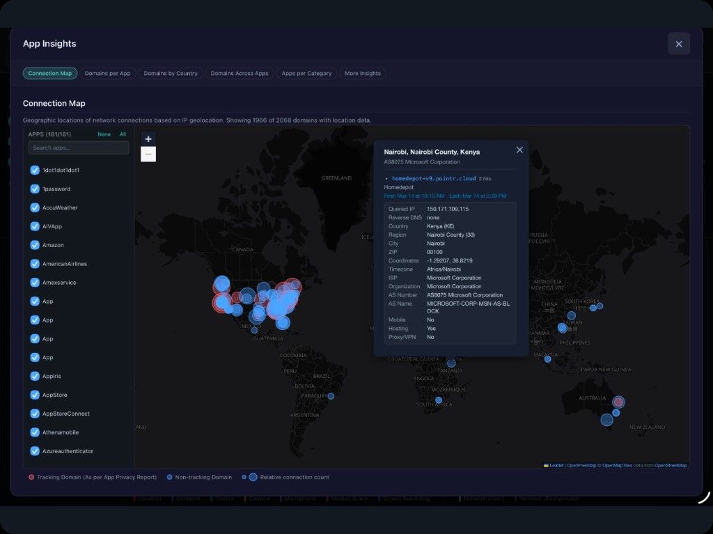 App Iris network activity detail with geolocation enrichment