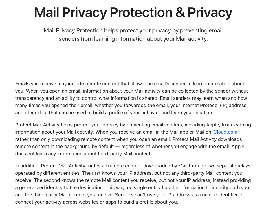 Apple legal page text about Mail Privacy Protection behavior