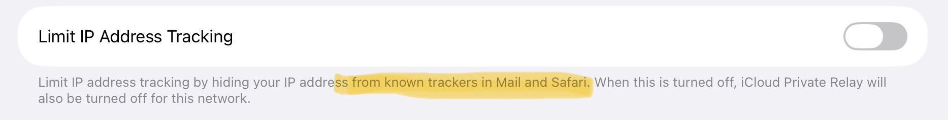 iOS Limit IP Address Tracking setting details